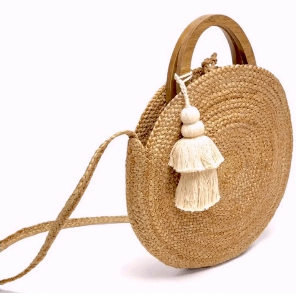 NWT ZARA Raffia Round Straw Basket Bag with Tassel - Picture 2 of 8